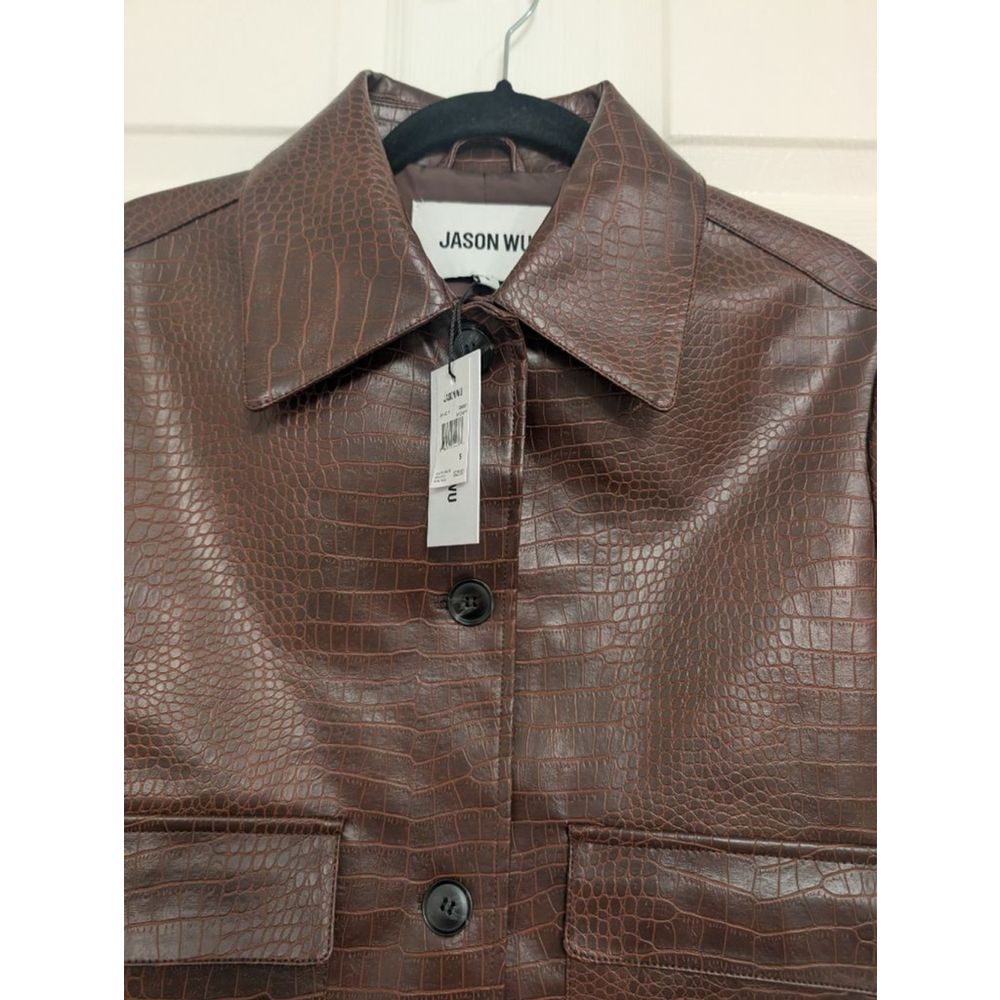 Women's Jason Wu Croc Embossed Leather Jacket S Chocolate Brown Edgy Classic - Picture 4 of 8